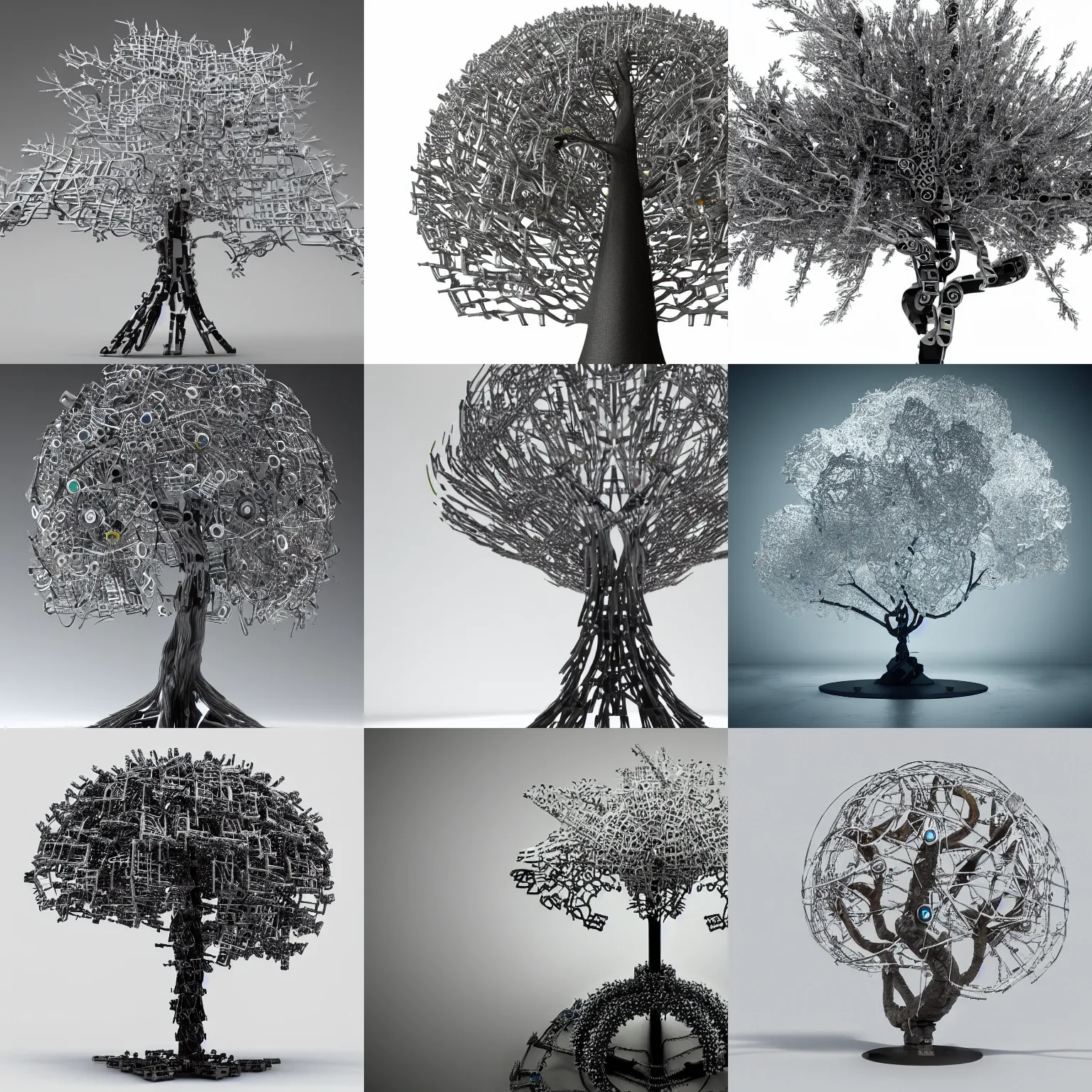 Prompt: tree made of robotic parts, 4 k, highly detailed, futuristic, white background