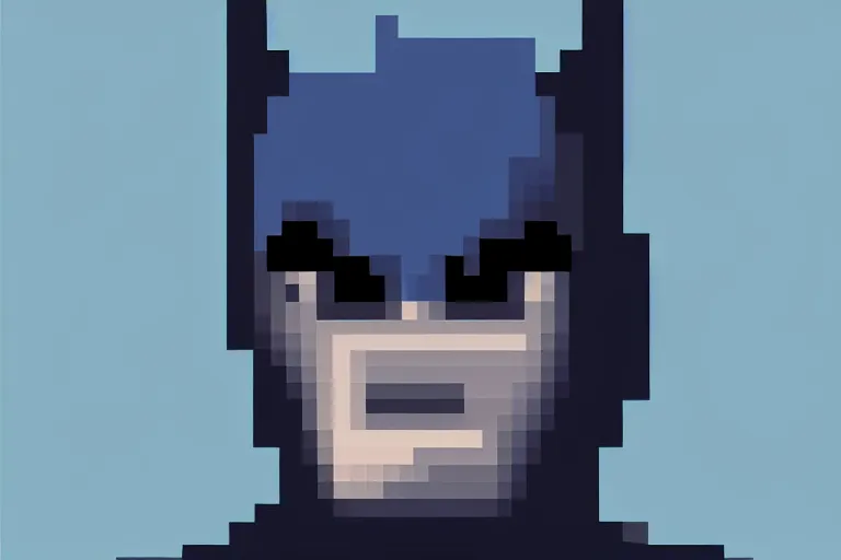 Image similar to ( ( dither ) ), editorial pixel art portrait of an angled 2 d batman,'he knows what you did ', confident smirk, 😏, ( ( mads berg ) ), rich detailed pixels, detailed, dynamic composition, detailed pixel artwork, full og batman, wide angle, matte print, art nouveau, unreal engine