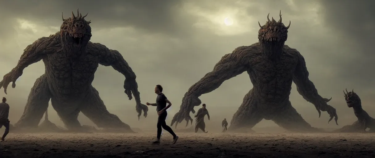 Image similar to people running terrified of the giant monster in the background, high detail, 8k, ornate, dark fantasy, realistic, masterpiece, Trending on art station, complex, WLOP, film still from the movie directed by Denis Villeneuve with art direction by Alex Grey, Greg Rutkowski