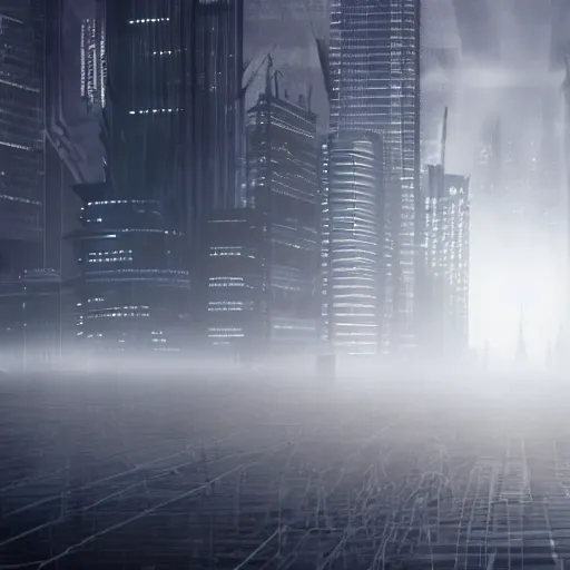 Prompt: Future city surrounded by dark mist