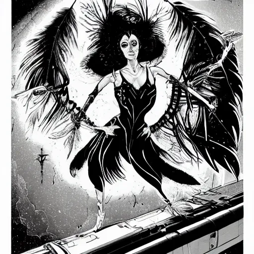 Image similar to Anna Pavlova as dark angel feathered gothic atompunk evil Disney villain queen with black feather hair, feathers growing out of skin, in front of space station window, Mike mignola, david mack, highly detailed, trending on artstation, comic book cover, illustration