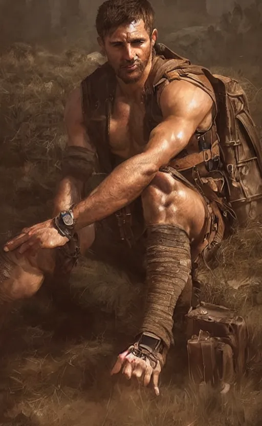 Image similar to Portrait of a rugged ranger sitting down, male, muscular, straight nose!!!, detailed face, handsome face, bare thighs!!!, simple clothing!!!!!, fantasy, medieval, highly detailed, cinematic lighting, digital art painting by greg rutkowski