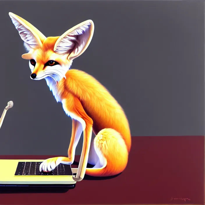 Image similar to a photorealistic painting of an anthropomorphic fennec fox wearing headphones, laptop, oil on canvas, furry, soft lighting