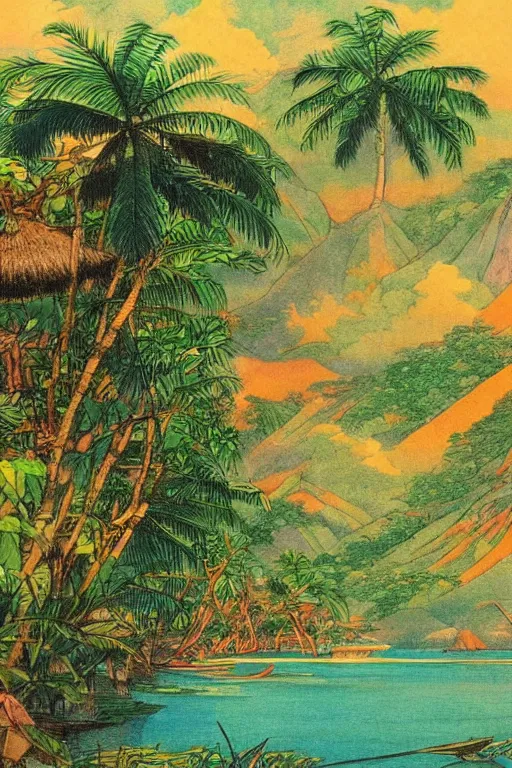 Prompt: a 2D drawing of a beautiful Philippine landscape, colorful and exotic by hiroshi yoshida