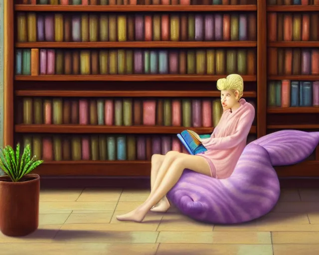 Prompt: a pastel painting of a woman wizard lounging on a purpur pillow on the marbled checkered floor in front of her bookcase in a library, reading an ancient book. to the side is a potted plant, moody light. ancient retrofuturistic setting. 4 k key art. raytracing, by yoshitaka amano