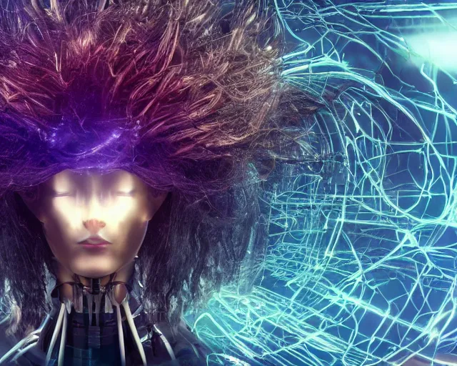 Image similar to glowing hair, complex cybernetic beings, beautiful hairy humanoids, cybergods, cybermagnetosphere, cybernetic civilizations, ornate hair, love, joy, vortexes, large arrays, data holograms, 8 k, cinematic light shadows, wet hdr refractions