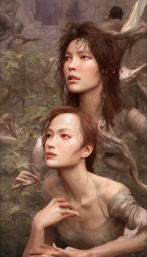 Image similar to epic masterpiece jackie moore, sweaty skin, hyperrealistic, octane render, cinematic, beautiful face and flawless skin, perfect hands, 5 fingers, by edgar maxence and ross tran and michael whelan, legends of runeterra