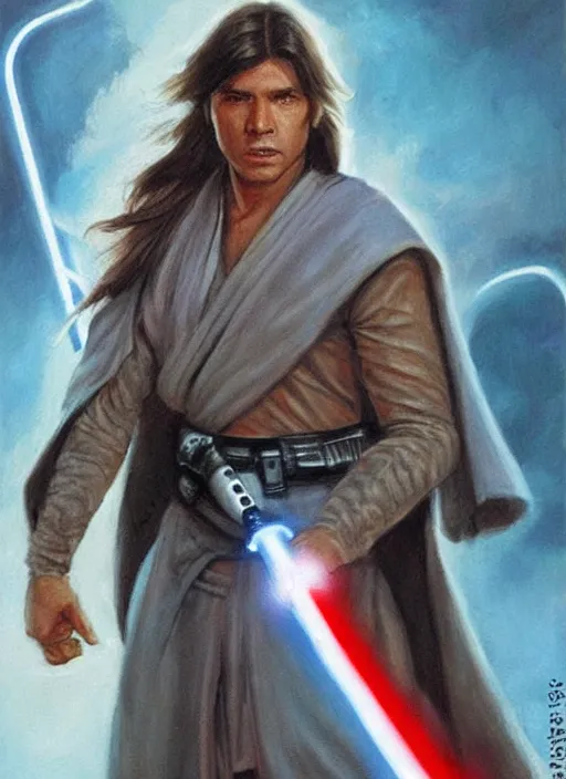 Image similar to exar kun, jedi from star wars legends books, star wars portrait detailed and realistic art, white masculine man with long dark hair attached in a ponytail, double blade blue lightsaber!!