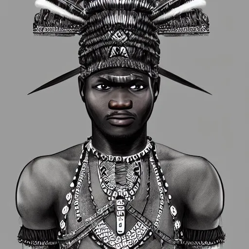 Image similar to stunning character design of a Nigerian warrior, highly detailed digital art