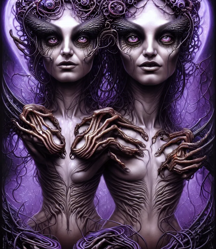 Image similar to A beautiful detailed alien goddess woman with 6 arms super dark tarot card, gorgeous model face by Stanley Artgerm, by tomasz alen kopera and Justin Gerard, 4 eyes, beautiful symmetrical features, ominous, magical realism, melting, texture, intricate, ornate, royally decorated, melting, whirling smoke, embers, purple adornments, blue torn fabric, radiant colors, fantasy, trending on artstation, volumetric lighting, micro details, 3d sculpture, ray tracing, 8k, anaglyph effect