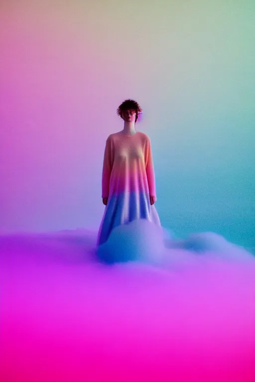 Image similar to high quality pastel coloured film close up wide angle photograph of a model wearing clothing swimming on cloud furniture in a icelandic black rock!! environment in a partially haze filled dreamstate world. three point light, rainbow. photographic production. art directed. pastel colours. volumetric clouds. pastel gradient overlay. waves glitch artefacts. extreme facial clarity. 8 k. filmic.