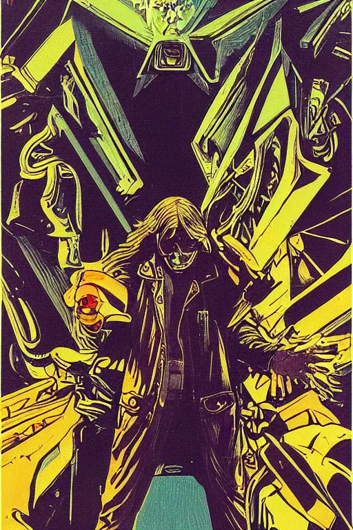 Image similar to Kurt cobain, cyberpunk, retro vintage art, cool, tarot card, 90s, nomad, street style, symmetrical, 2d matte illustration, Stanisław Szukalski + Moebius,