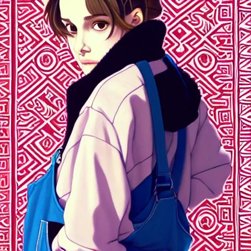 Prompt: a beautiful! boyish! natalie portman alluring gravure! model, wearing oversized mayan bomber jacket and leotard with overalls, bulky poofy bomber jacket with mayan patterns, aztec street fashion, trending on pixiv fanbox, painted by greg rutkowski makoto shinkai takashi takeuchi studio ghibli, akihiko yoshida