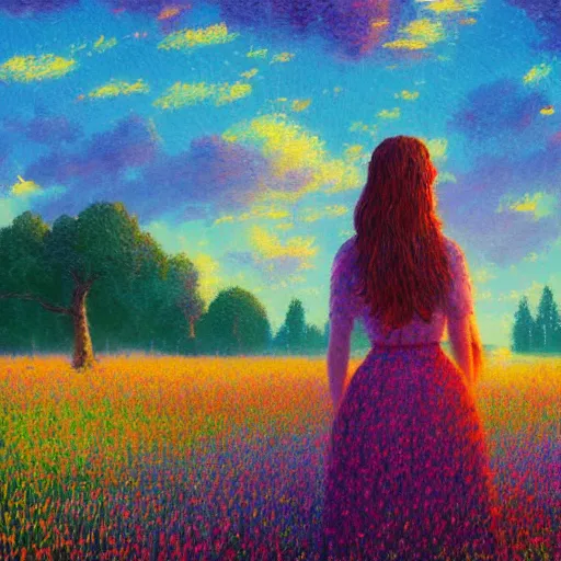 Image similar to girl with singular flower as a face, flower field, big trees, sunrise dramatic light, impressionist painting, colorful clouds, digital painting, pointillism, artstation, simon stalenhag