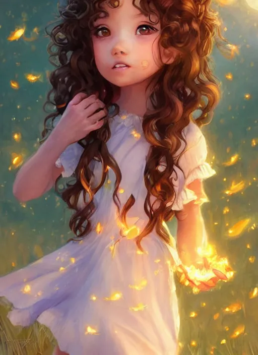 Image similar to A cute little girl with shoulder length curly brown hair with a happy expression wearing a summer dress dancing with fireflies, she is in the distance. beautiful fantasy art by By Artgerm and Hayao Miyazaki, trending on artstation.