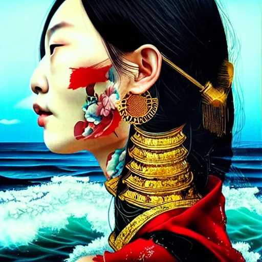 Image similar to portrait and side profile of a chinese woman :: side profile :: in ocean :: clockwork details :: gold :: blood and horror :: by vikings and Sandra Chevrier