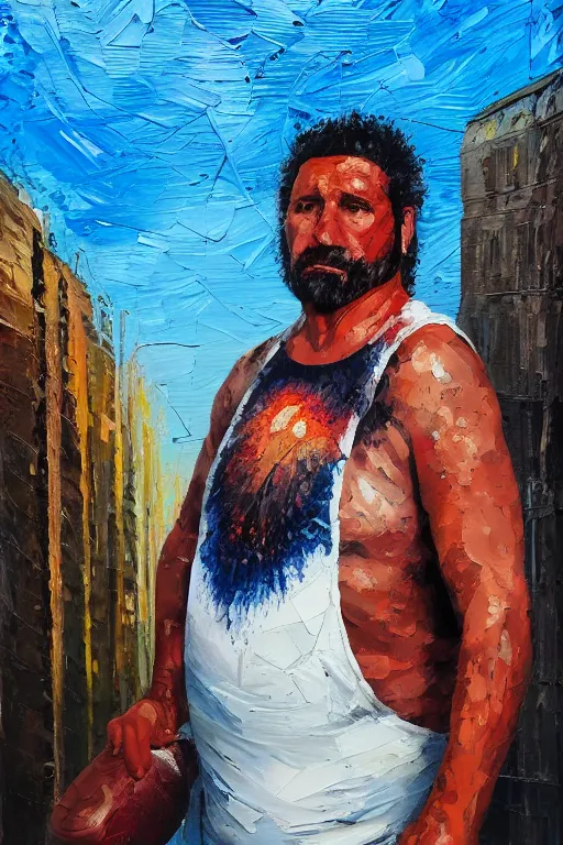 Prompt: palette knife oil painting portrait of eddie dreamtime, an athletic middle - aged man in hipster clothes and australian aboriginal body paint, concrete balcony, nightclub, artstation trending, artgerm, any racial background, deviant art, hipster, octane, substance, art history 8 k