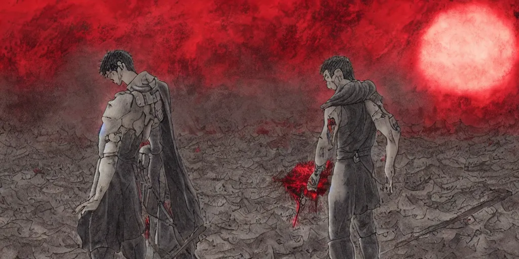 Image similar to guts from berserk standing in front of a grave during a crimson red rain, mourning the deaths of his comrades at dusk, 8k, devianart, depressive colors, cinematic