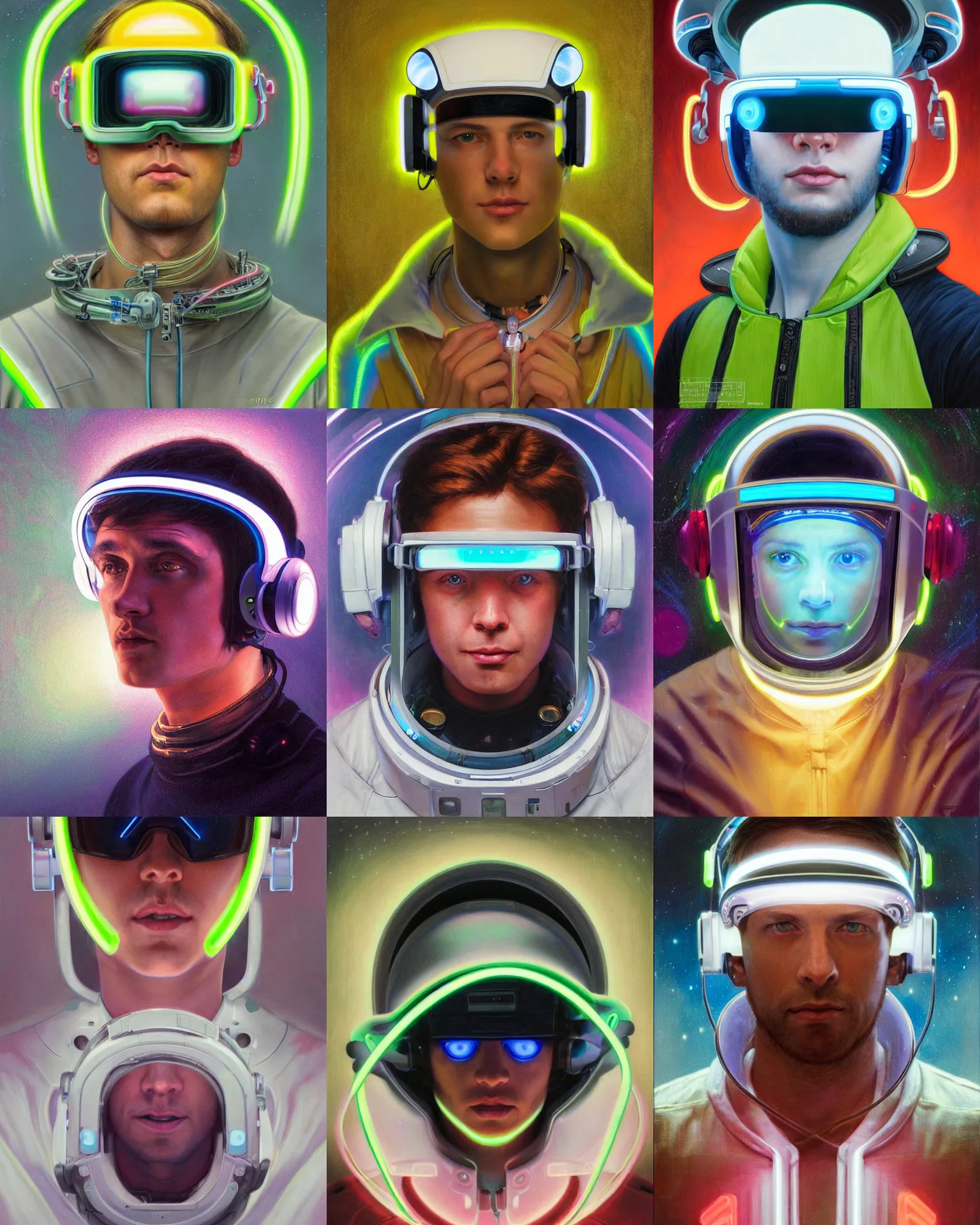 Prompt: future coder looking on, glowing visor over eyes with sleek neon headset, neon accents, desaturated headshot portrait painting by donato giancola, dean cornwall, rhads, edmund dulac, alex grey, alphonse mucha, astronaut cyberpunk electric fashion photography white stubble 8 5 mm