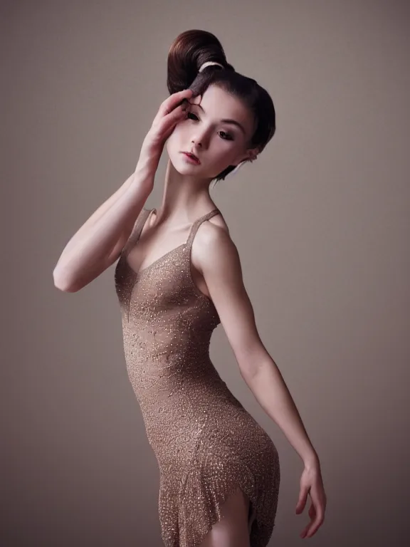 Image similar to hyperdetailed photo of a beautiful ballerina girl with brown eyes and dark bob hairstyle, winds of winter, in a tight dress, cinematic lighting, studio quality