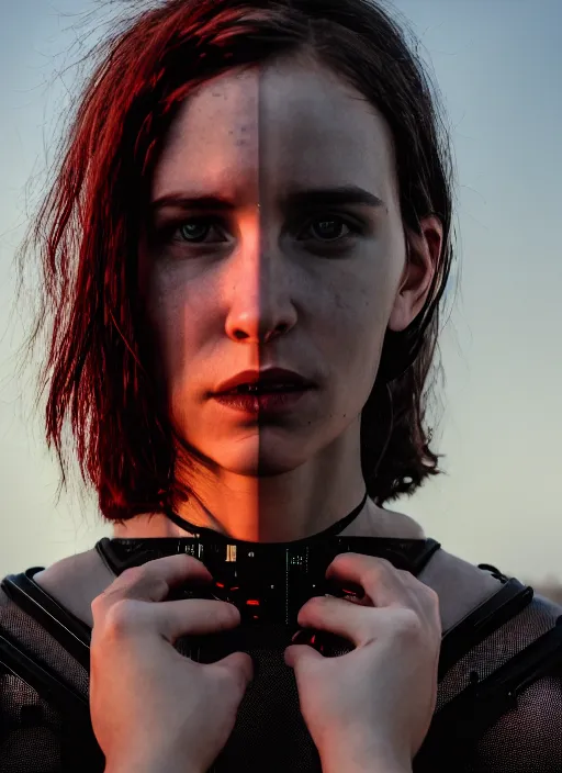 Image similar to cinestill 5 0 d photographic portrait of two loving female androids wearing rugged black mesh techwear on a desolate plain with a red sky, extreme closeup, cyberpunk style, garters, dust storm, 8 k, hd, high resolution, 3 5 mm, f / 3 2, ultra realistic faces, ex machina