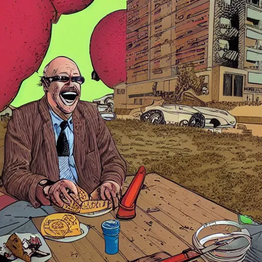 Prompt: a man eating a taco by geof darrow, detailed, realistic shading