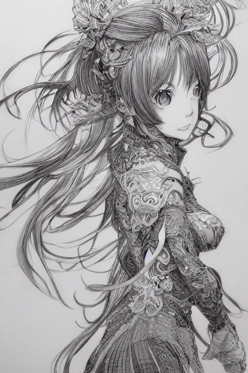 Image similar to anime woman, pen and ink, intricate line drawings, art by krenzcushart, by yoshitaka amano, kentaro miura, artgerm, wlop,