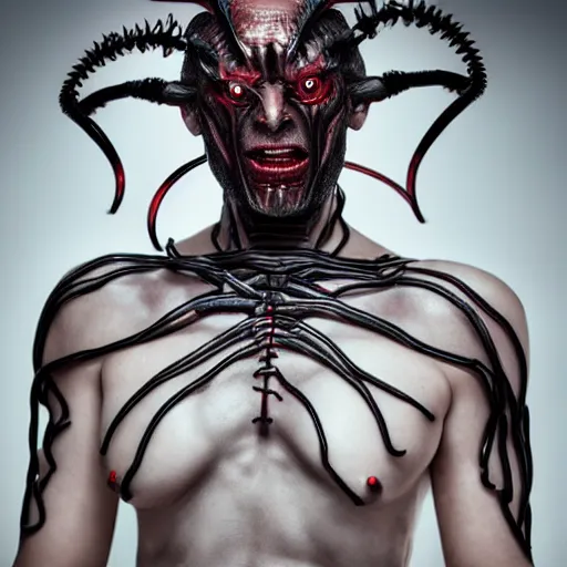 Image similar to a demon inspired by wires created by the make up artist hungry, photographed by andrew thomas huang, cinematic, expensive visual effects