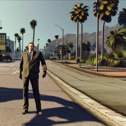 Prompt: Saul Goodman in GTA V . Los Santos in the background, palm trees. In the art style of Stephen Bliss.