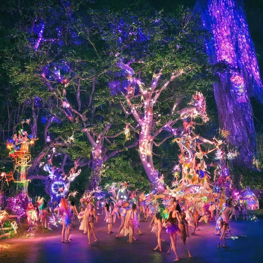 Image similar to a night carnival fairies around a magical tree next to a lake with iridiscent water, christmas lights, volumetric lightning, creatures and fantastic people disguised as fantastic creatures in a magical forest by summer night, masterpieceunderwater scene, masterpiece painted by slim aarons, scene by night