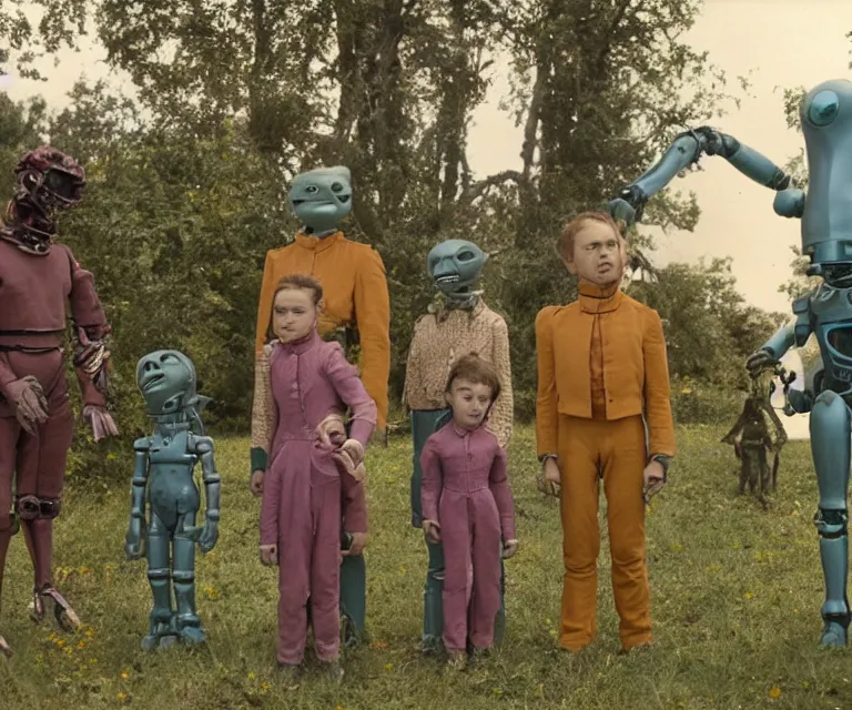 Prompt: 70mm film still from a sci fi blockbuster color movie made in 2019, set in 1860, of a human family standing in a park, next to some alien plants and flowers, their cute humanoid robot is standing next to them, on an alien planet, the family are all wearing 1850s era clothes, good lighting, good photography