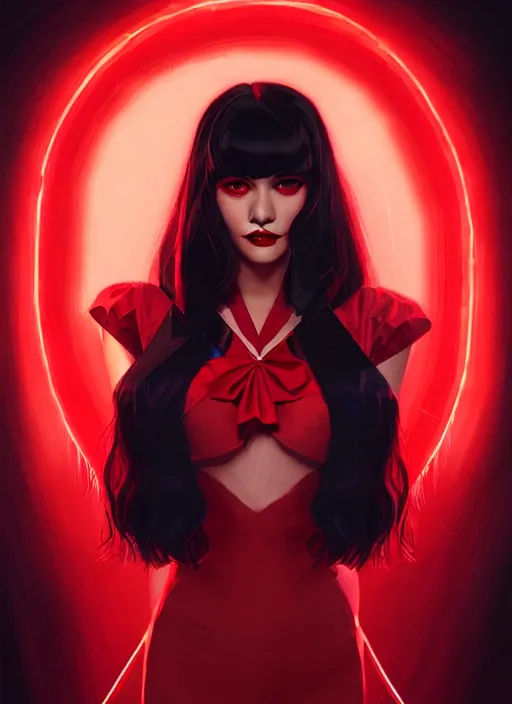 Image similar to portrait of vampire veronica lodge with bangs, vampire fangs, vampire, long hair, red clothes, bangs, vampironica, intricate, elegant, glowing lights, highly detailed, digital painting, artstation, concept art, smooth, sharp focus, illustration, art by wlop, mars ravelo and greg rutkowski