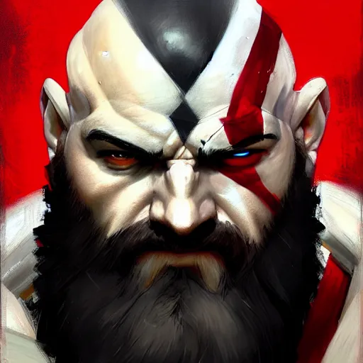 Image similar to Greg Manchess portrait painting of Kratos as Overwatch character, medium shot, asymmetrical, profile picture, Organic Painting, sunny day, Matte Painting, bold shapes, hard edges, street art, trending on artstation, by Huang Guangjian and Gil Elvgren and Sachin Teng