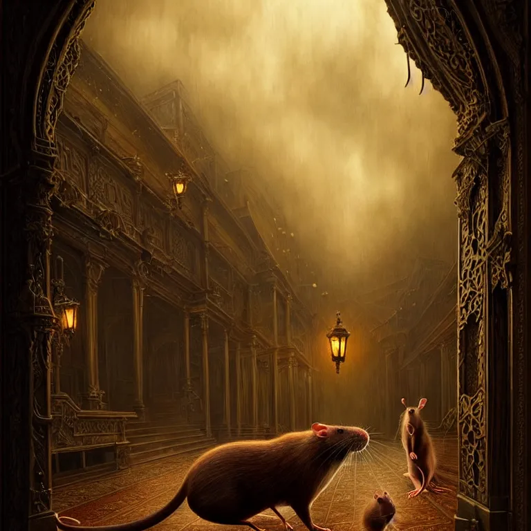 Image similar to epic professional digital art of imposing hungry rats, faint golden moody atmospheric lighting, painted, intricate, detailed, detailed, foreboding, by leesha hannigan, wayne haag, reyna rochin, ignacio fernandez rios, mark ryden, iris van herpen,, epic, stunning, gorgeous, much wow, cinematic, masterpiece.