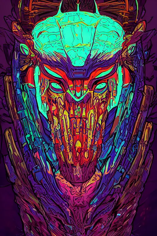 Image similar to totem animal shaman vodoo mask feather gemstone plant wood rock tribal video game illustration vivid color borderlands by josan gonzales and dan mumford radiating a glowing aura