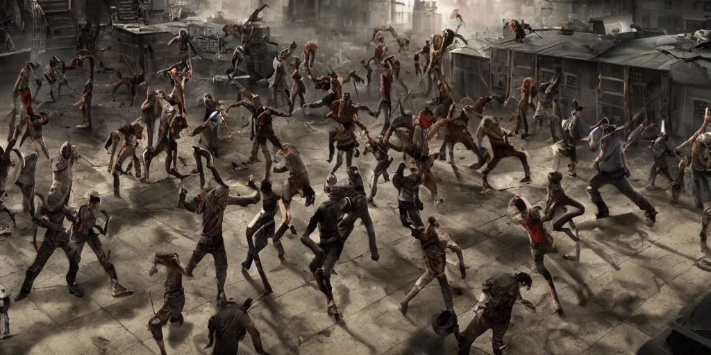 Image similar to epic battle scene humans versus zombies, post apocalyptic, humanities last stand post human, Epic Background, highly detailed, sharp focus, 8k, 35mm, cinematic lighting