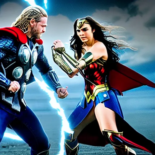 Image similar to thor and wonder woman in new york, fighting against villain electro, cinematic movie scene, epic fight, blue lightning, yellow lightning, photo, effects shot