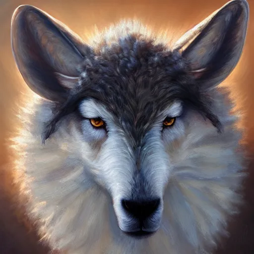 Prompt: sheep wolf head, oil painting, front view, artstation, dramatic lighting, symmetry, beautiful