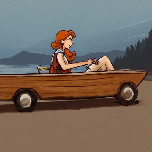 Prompt: camper driving on a calm road, pretty caricature, pretty girl brown hair, canoe, detailed intricate, in the style of Filipe Pagliuso on Artstation