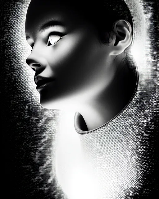 Image similar to black and white dreamy spiritual connected young female cyborg high quality photo, microchip, artificial intelligence, bio - mechanical bio - luminescence, black wired cables, neurons, nerve cells, cinematic, rim light, photo - realistic, elegant, high detail, 8 k, masterpiece, high fashion