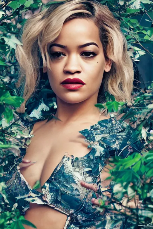 Image similar to photo of rita ora in the style of stefan kostic, realistic, half body shot, sharp focus, 8 k high definition, insanely detailed, intricate, elegant, art by stanley lau and artgerm, extreme bokeh light spring foliage