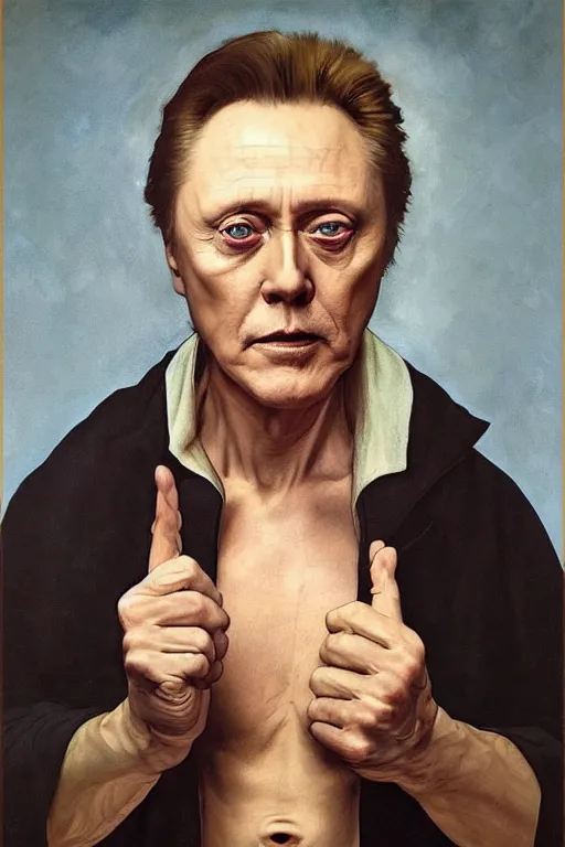 Image similar to portrait of christopher walken with a face tattoo, masterpiece painting by artgerm and greg rutkowski and alphonse mucha and caravaggio and vermeer