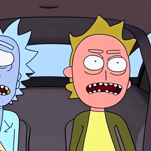 ultra realistic rick and morty riding in a car wearing | Stable ...