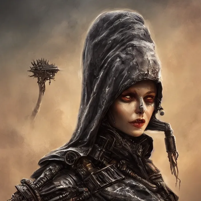 Prompt: beautiful apocalyptic woman in hooded cloak, standing on mad max panzer tank, hyper-detailed, smooth, sharp focus, 4k ultra hd, fantasy dark art, tank girl, artgerm, artstation, octane render, elegant, detailed digital painting, apocalyptic art, cryengine