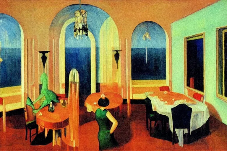 Prompt: 1920s cinematic aerial view of decorated surrealist cozy art deco dining room by Edward Hopper, the moon casts long exaggerated shadows, crystalline light rays refract dust, impressionst oil painting on wood, big impressionist oil paint strokes, decadent interior dinning room with centered grand crystal chandelier, symmetric 1930s dimly lit art deco interior concept art by Ivan Aivazovsky, ukiyo-e print, japanese woodblock, aerial view