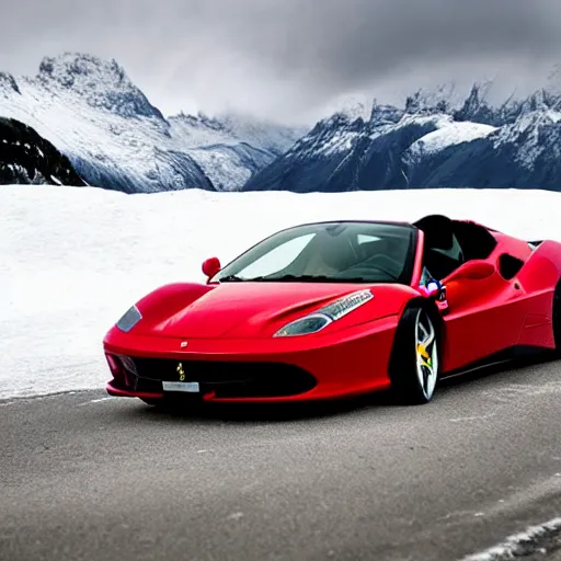 Image similar to a ferrari on a cloudy day in the swiss alps