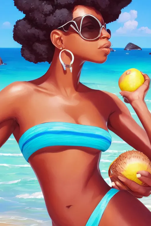 Image similar to a highly detailed beautiful portrait of Black women in the Caribbean wearing aquamarine bikini and shades, full glossy lips, drinking out of a coconut highly detailed, 2d game fanart behance hd by Jesper Ejsing, by RHADS, Makoto Shinkaih and Lois van baarle, ilya kuvshinov, rossdraws global illumination, cinematic , hyper-reslistic, depth of field, coherent, high definition, 8k resolution octane renderer, artstation