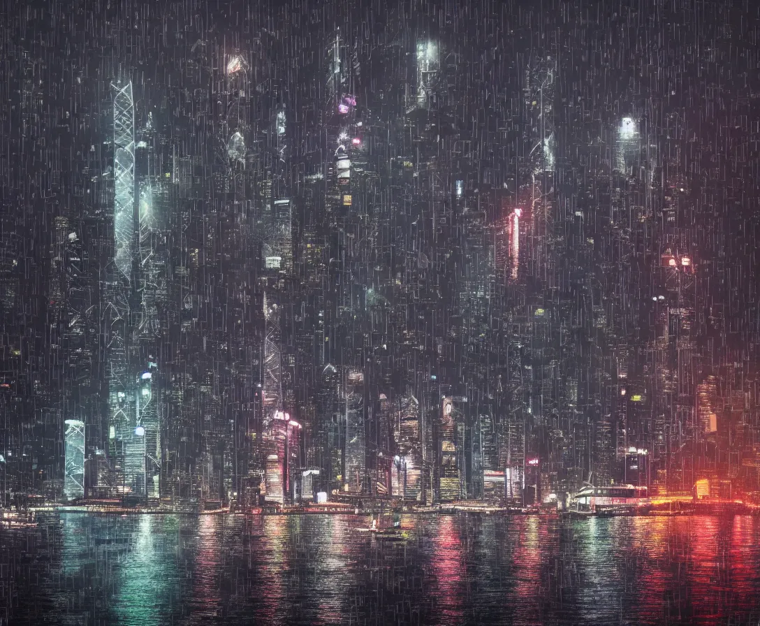 Image similar to hong kong in 2042, night time, rain, surreal atmosphere