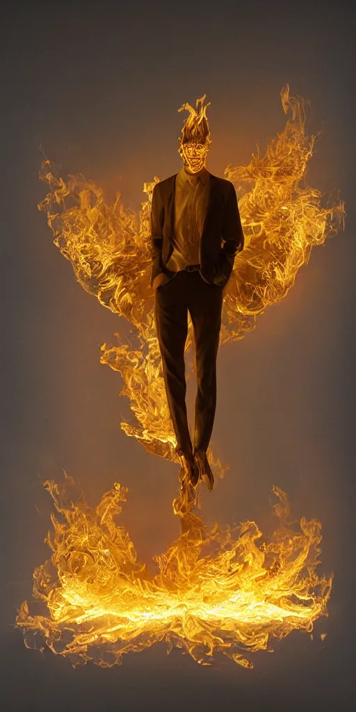 Image similar to a surreal painting of a man made of golden fire, volumetric lighting