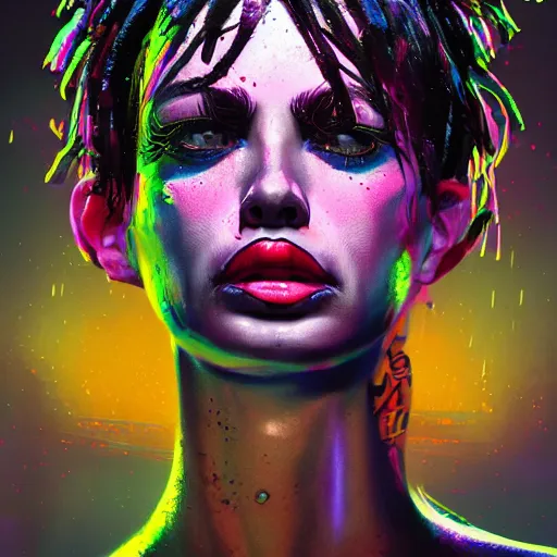 Image similar to splashes of neon, mowhawk, punk women portrait made out of paint, trending on artstation, epic composition, emotional, beautiful, rendered in octane, highly detailed, realistic, tim burton comic book art, sharp focus, unreal engine, depth of field, path tracing